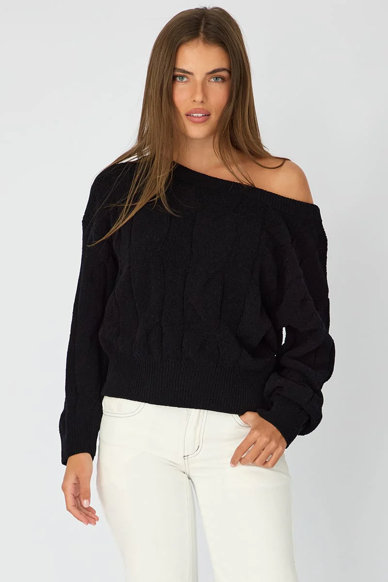 Black Cable Knit Off Shoulder Top - Image 4