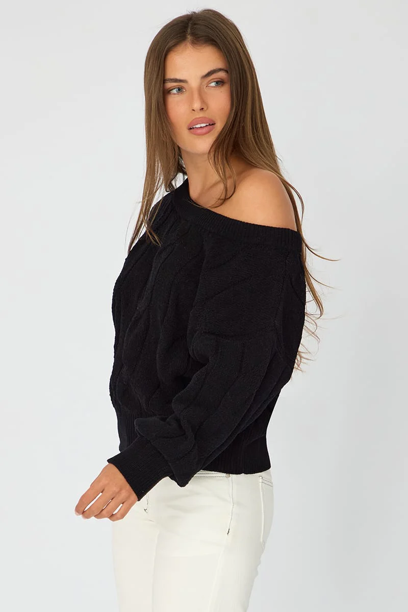 Black Cable Knit Off Shoulder Top - Image 5