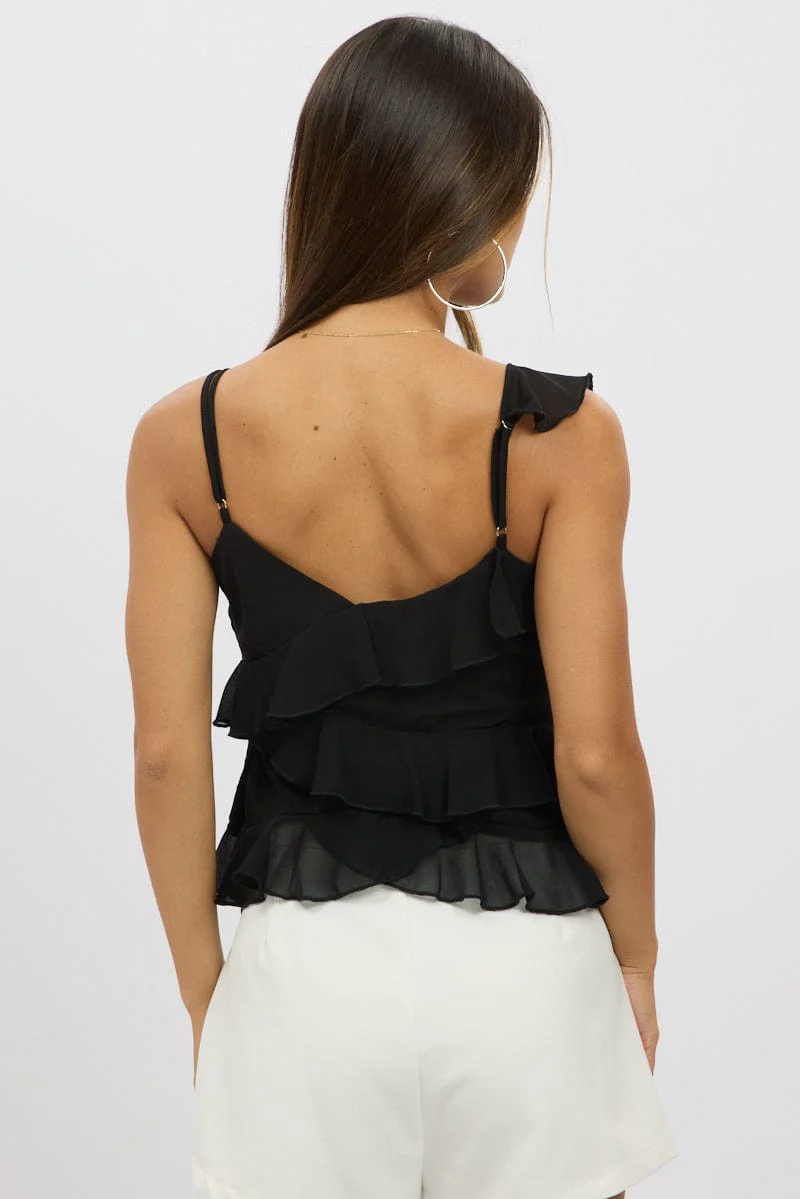 Black Cami Top Sleeveless Crossover Ruffled Details - Image 5