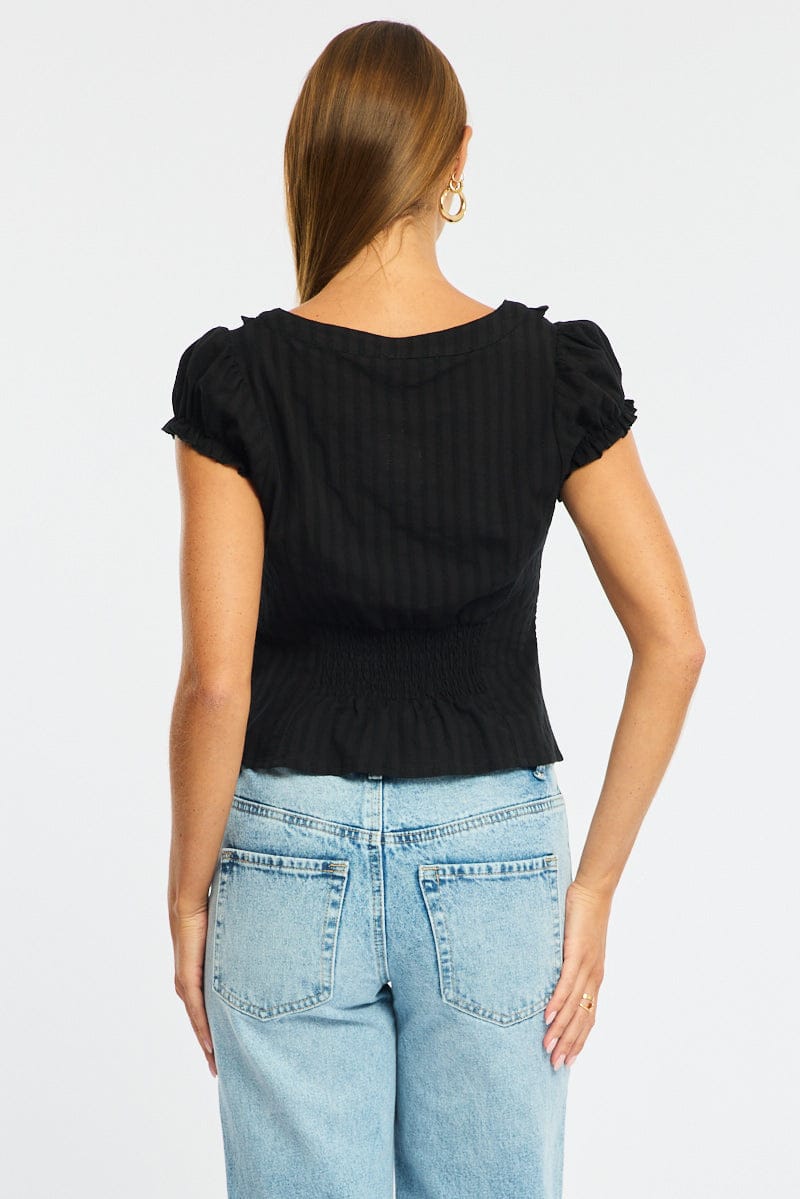 Black Cap Sleeve Top V-neck Button Up Textured Cotton - Image 4