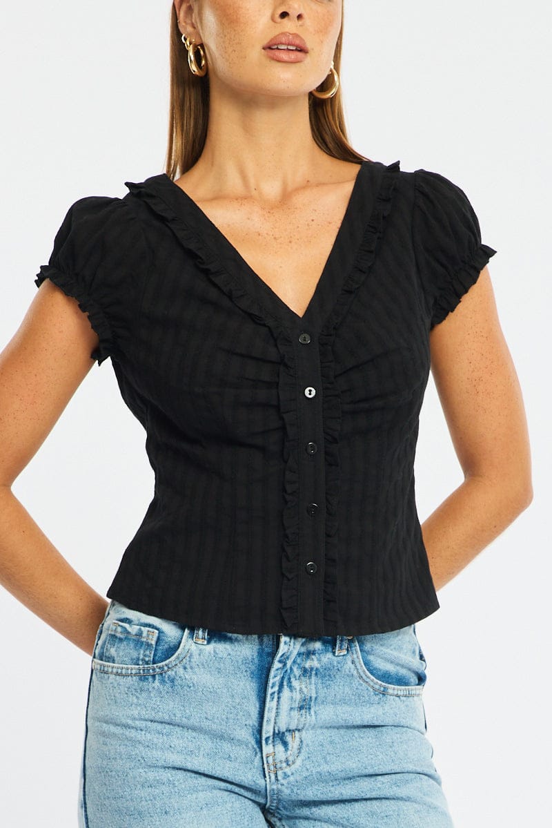 Black Cap Sleeve Top V-neck Button Up Textured Cotton - Image 5