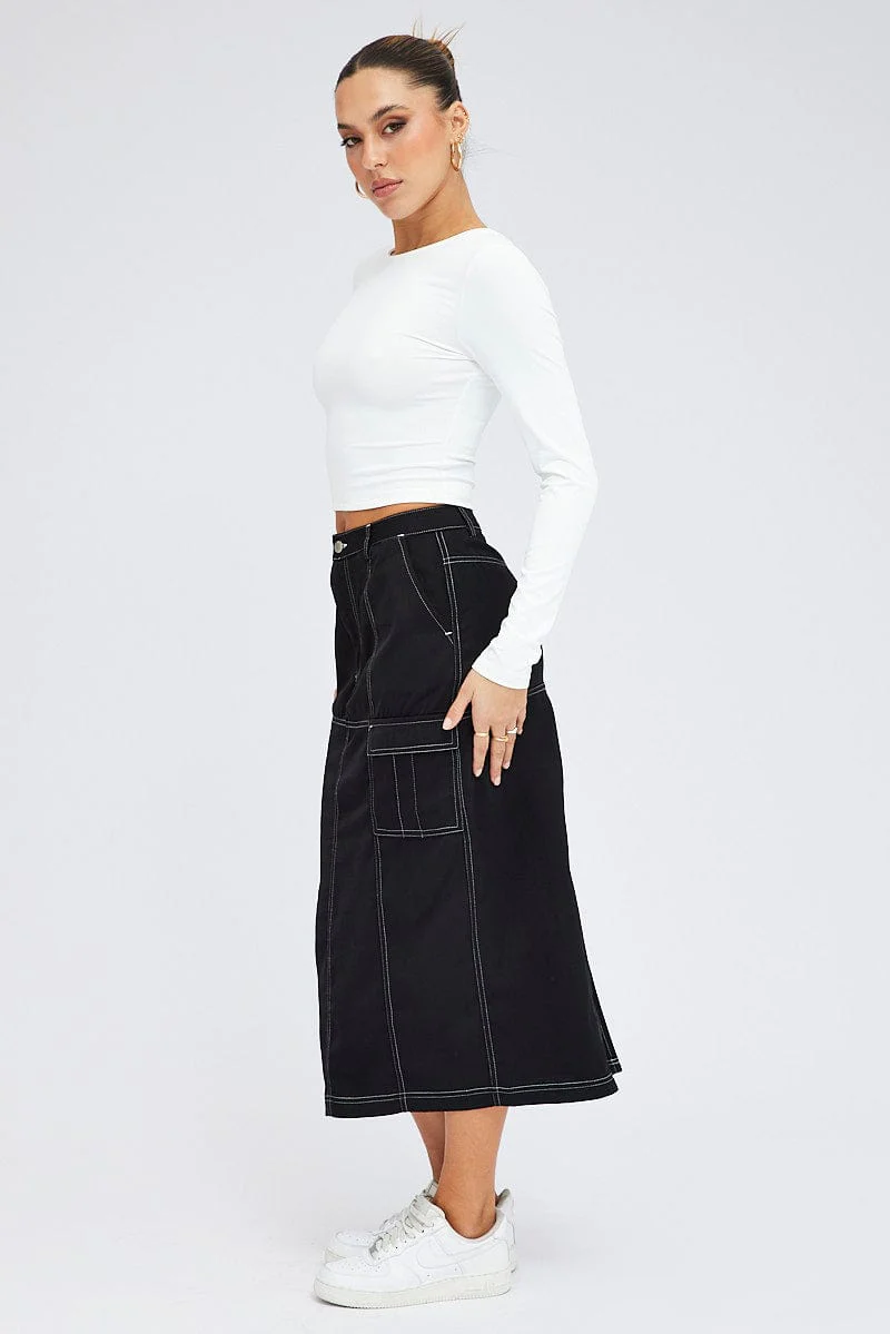 Black Cargo Skirt Mid Rise Contrast Detail Utility - Image 4