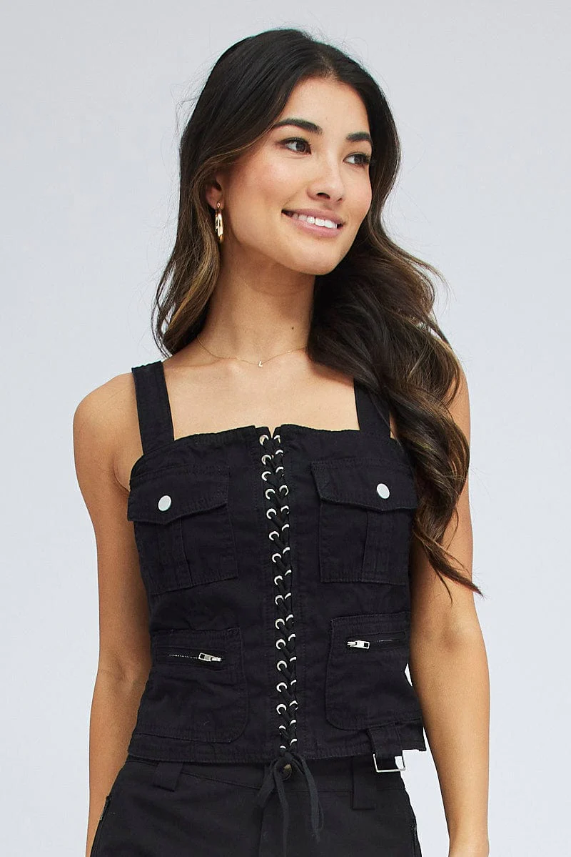 Black Cargo Top Sleeveless Square Neck Longline Utility - Image 3