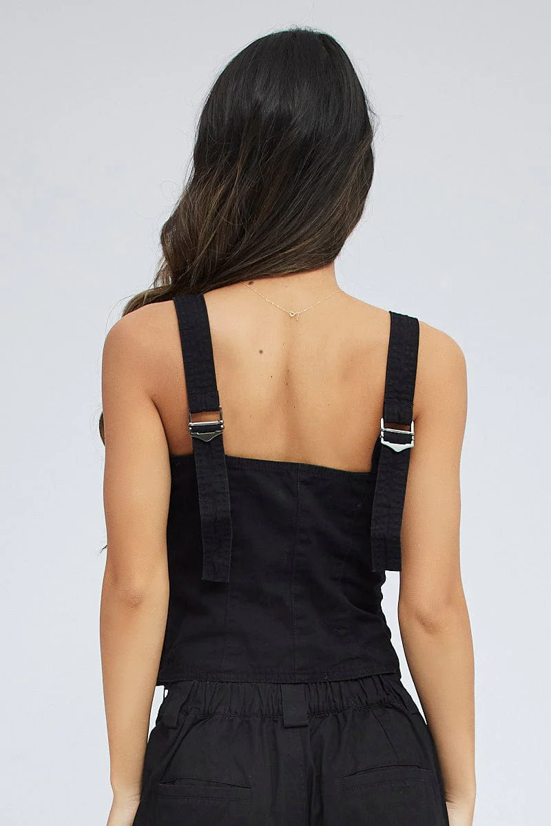 Black Cargo Top Sleeveless Square Neck Longline Utility - Image 5