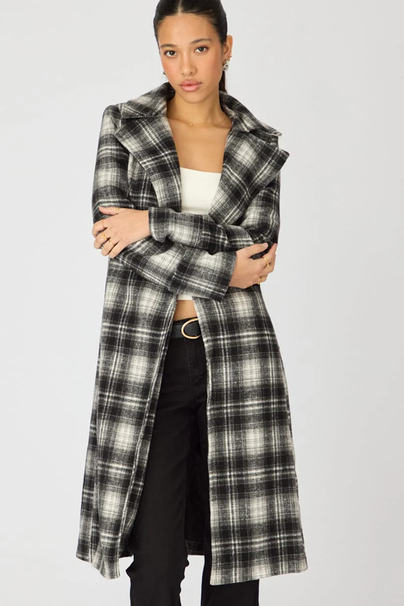 Black Check Belted Coat Knee Length Long Sleeve - Image 2