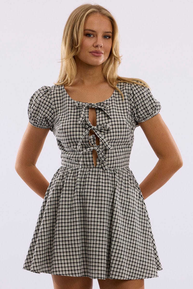 Black Check Mini Dress Ribbon Detail - Image 2