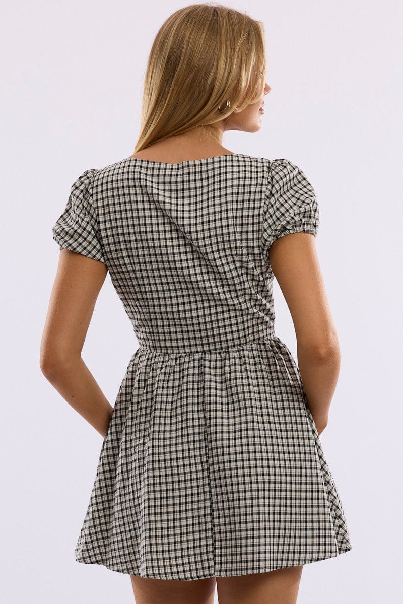 Black Check Mini Dress Ribbon Detail - Image 5