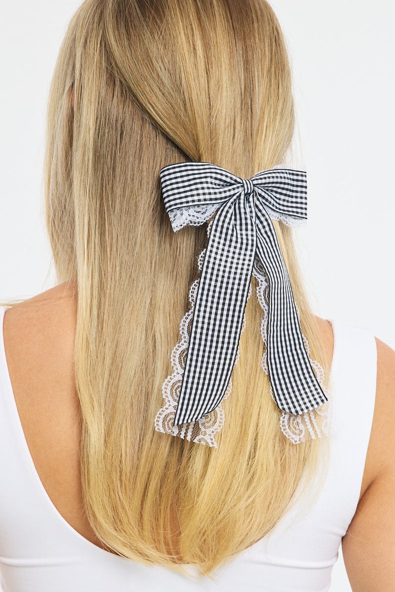 Black Check Print Hair Bow - Image 2