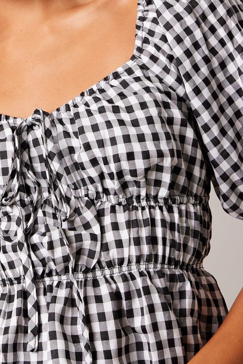 Black Check Ruched Peplum Top Short Sleeve - Image 6