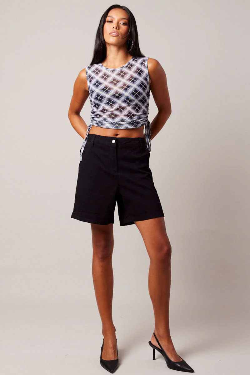 Black Check Side Rushed Top Sleeveless - Image 2