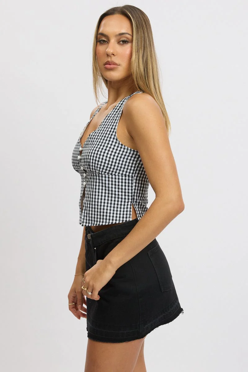 Black Check Sleeveless Top Open Front - Image 4