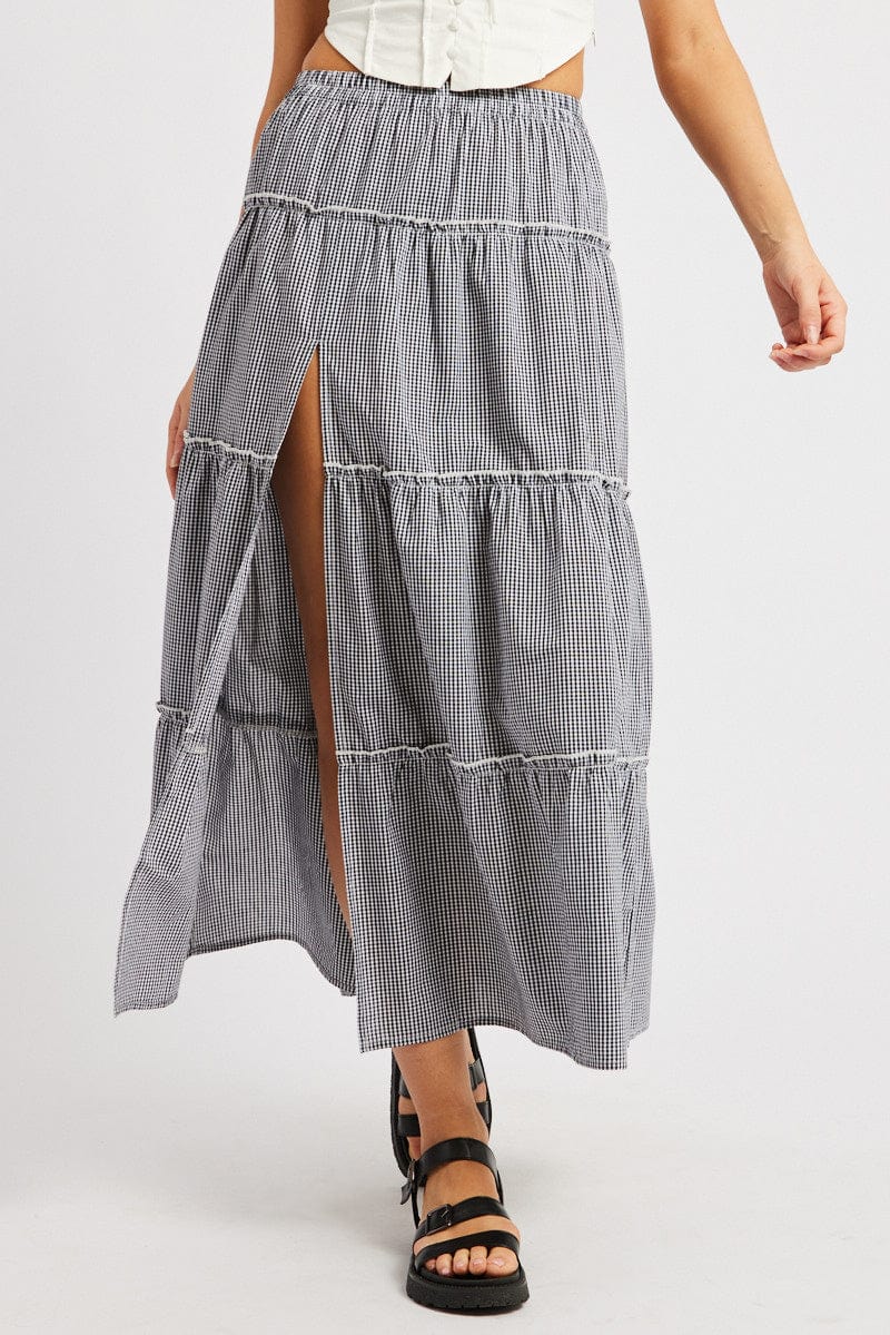 Black Check Tiered Maxi Slit Skirt - Image 3