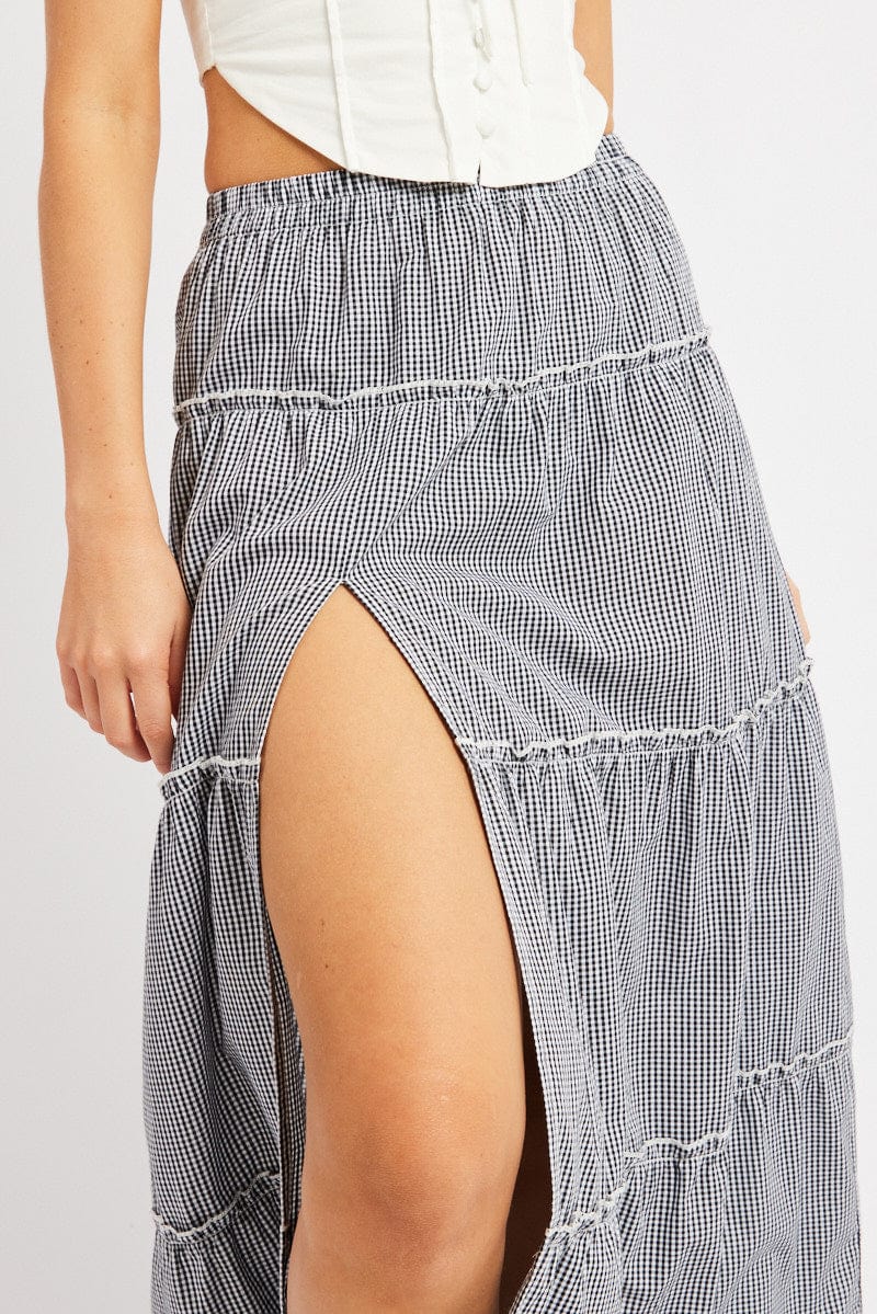Black Check Tiered Maxi Slit Skirt - Image 6