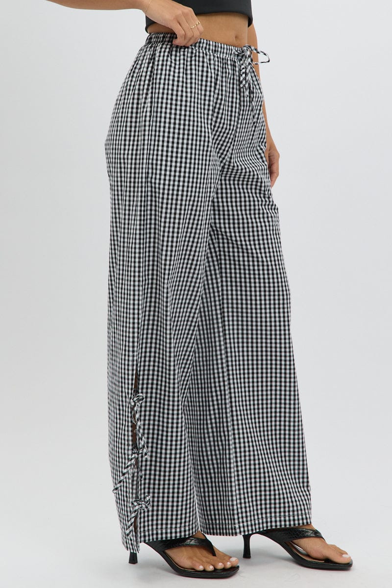 Black Check Wide Leg Pants Side Ribbon - Image 4