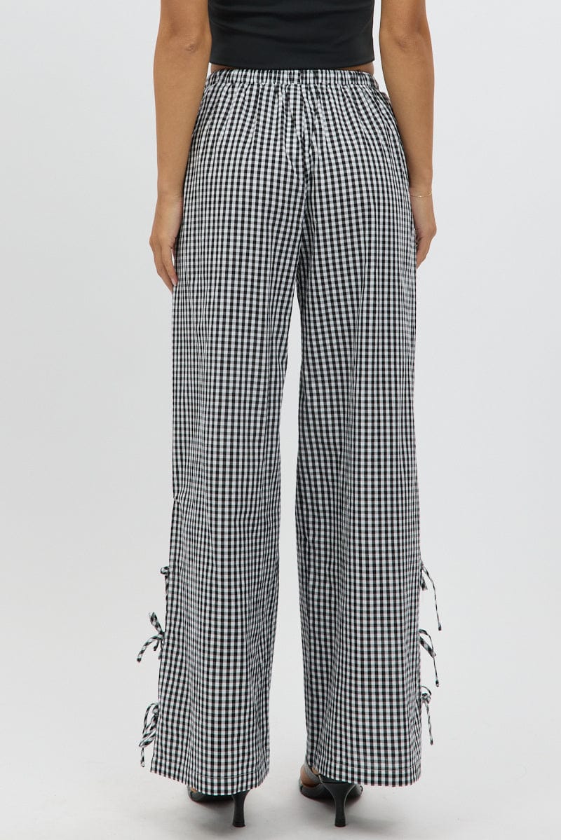 Black Check Wide Leg Pants Side Ribbon - Image 5