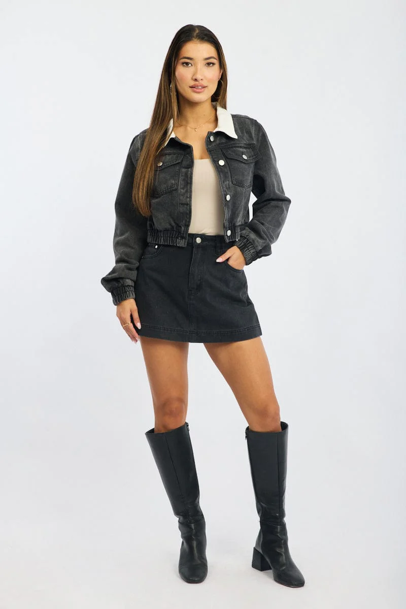 Black Crop Jacket With Contrast Collar - Image 4
