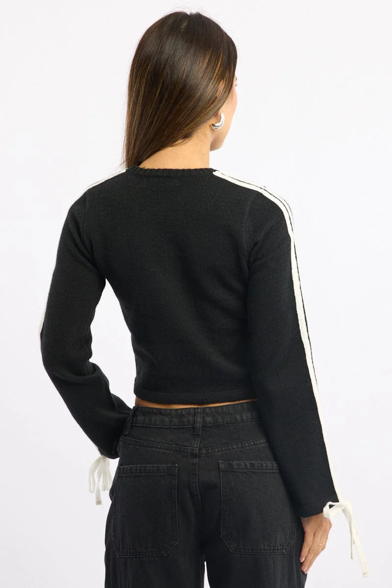 Black Crop Knit Top Long Sleeve Varsity Contrast Trim - Image 4