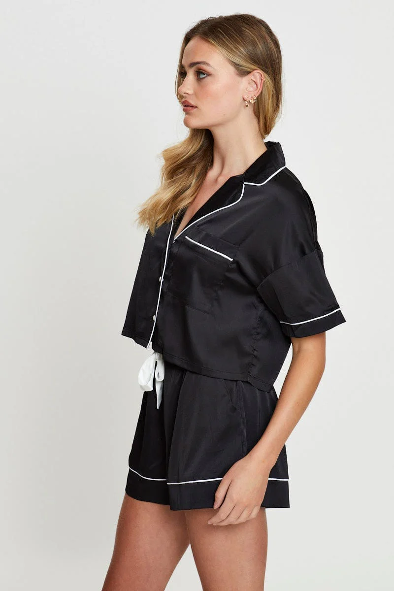 Black Crop Pajamas Set Short Sleeve - Image 10