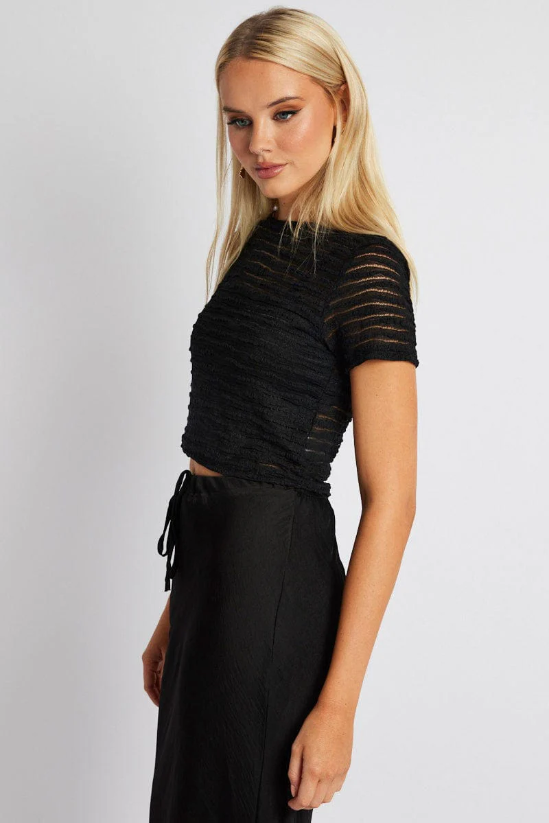Black Crop Top Short Sleeve Textured - Image 4