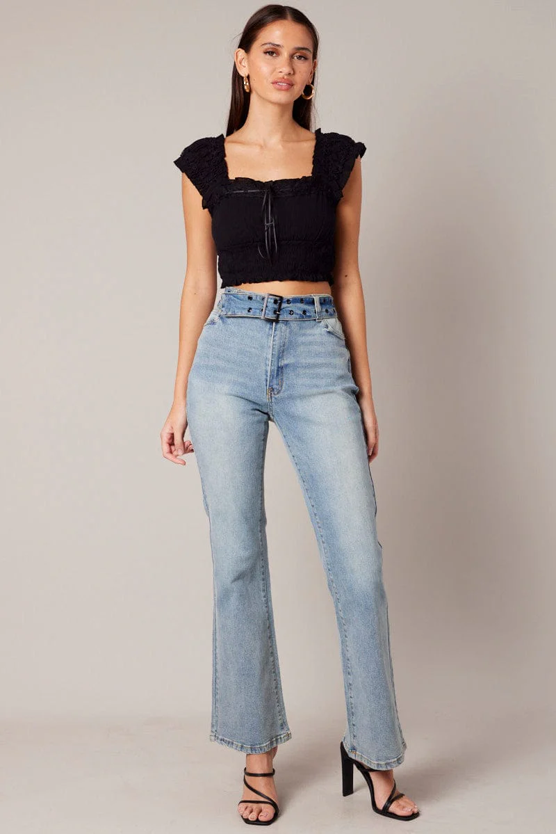 Black Crop Top Sleeveless Shirred Waist Satin Bow - Image 2