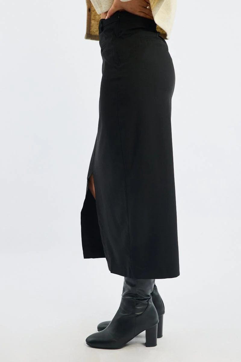 Black Crossover Midaxi Skirt Mid Waisted Pocket Detail - Image 4