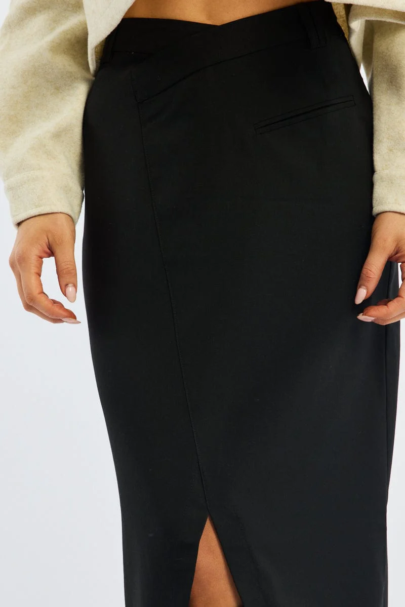 Black Crossover Midaxi Skirt Mid Waisted Pocket Detail - Image 6