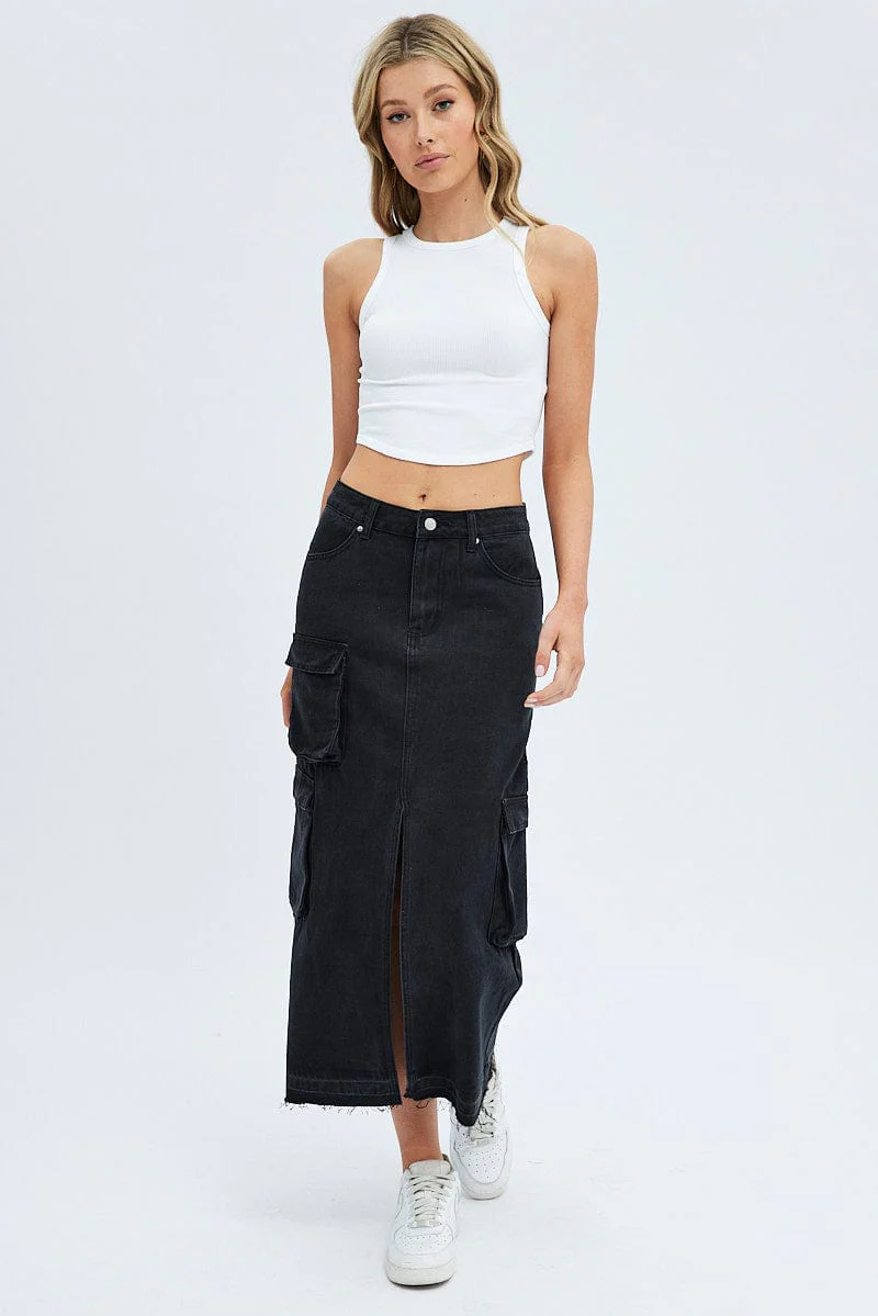 Black Denim Maxi Skirt Cargo - Image 3