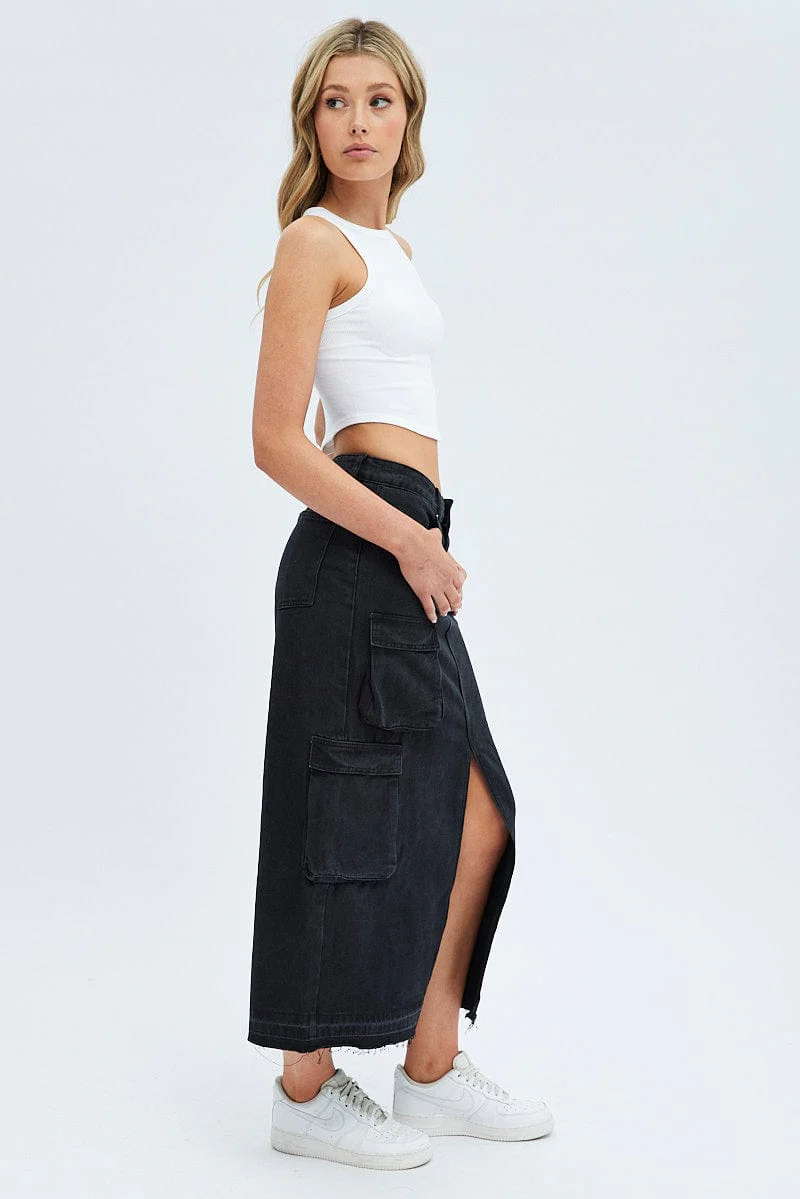 Black Denim Maxi Skirt Cargo - Image 4