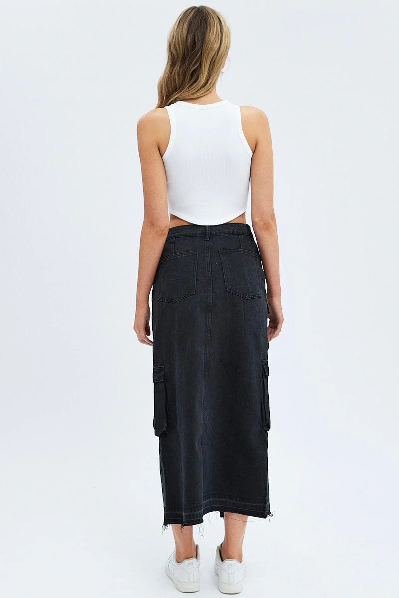 Black Denim Maxi Skirt Cargo - Image 5