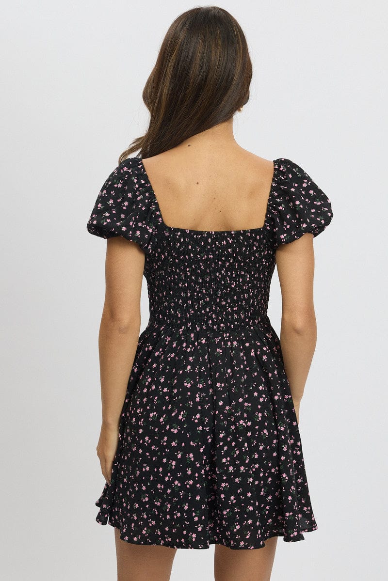 Black Ditsy Fit And Flare Dress Mini - Image 5