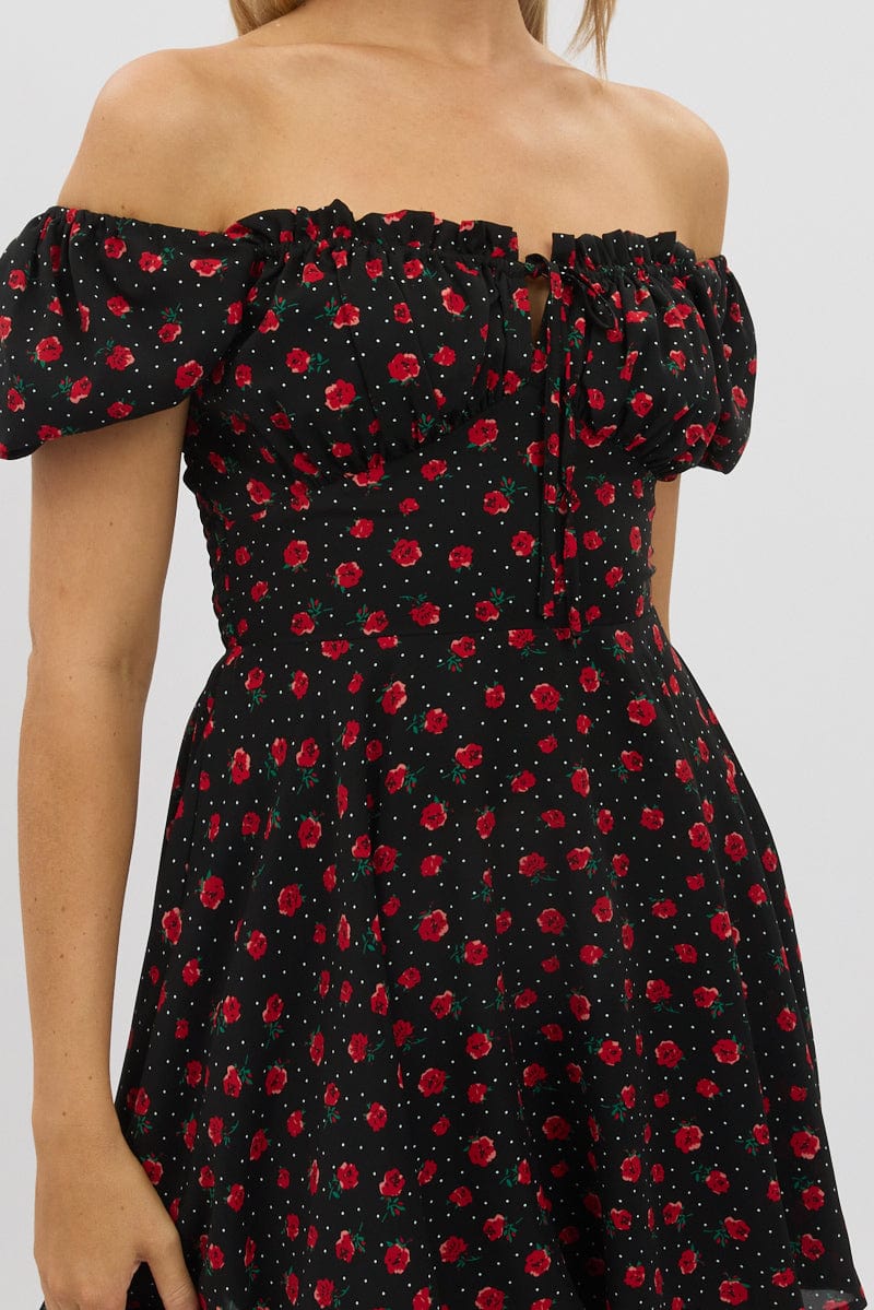 Black Ditsy Fit And Flare Dress Mini - Image 6