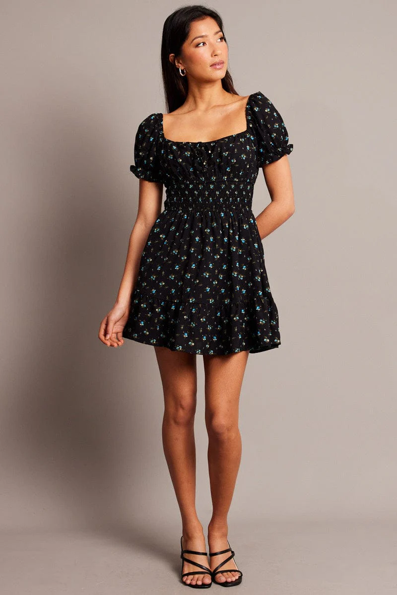 Black Ditsy Fit And Flare Dress Mini - Image 2