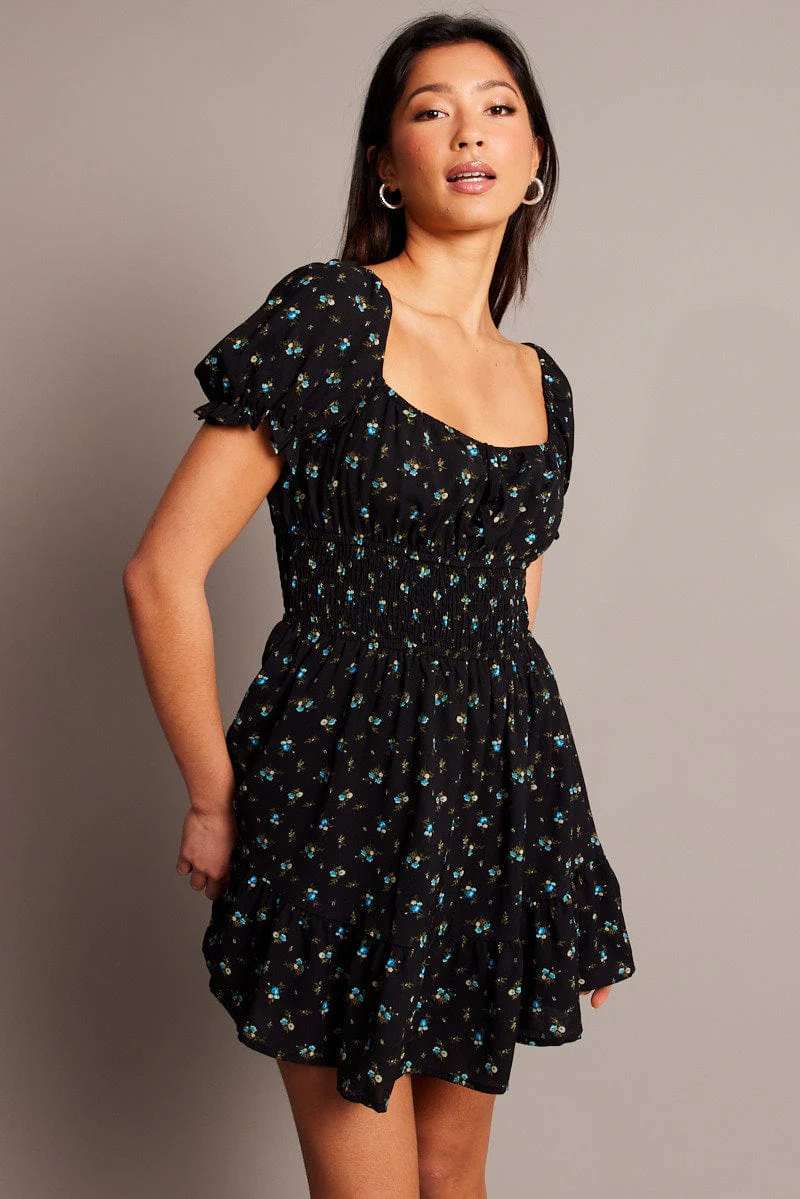 Black Ditsy Fit And Flare Dress Mini - Image 3