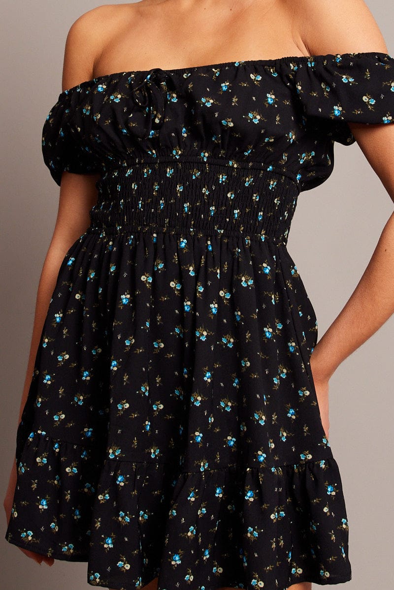 Black Ditsy Fit And Flare Dress Mini - Image 6