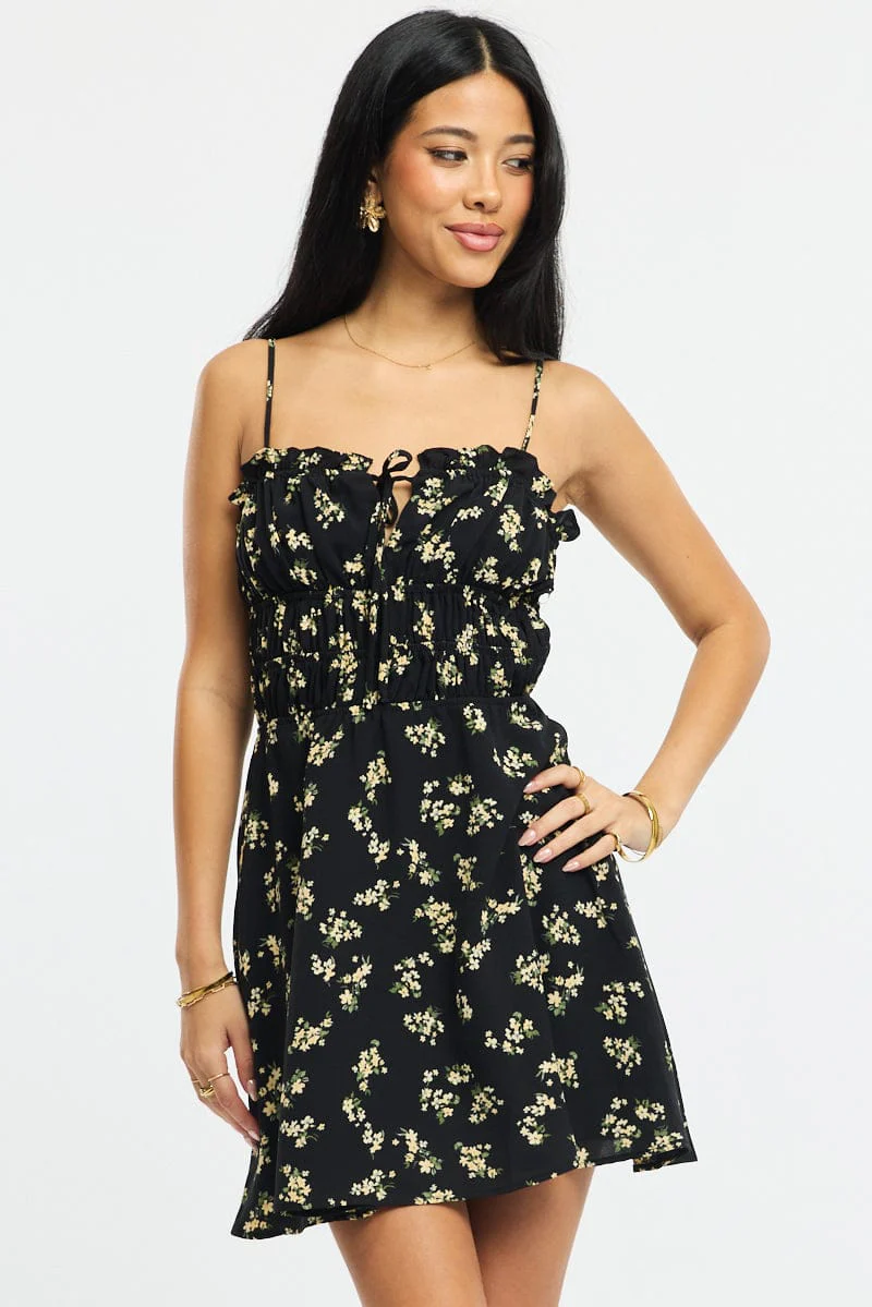 Black Ditsy Fit And Flare Dress Mini