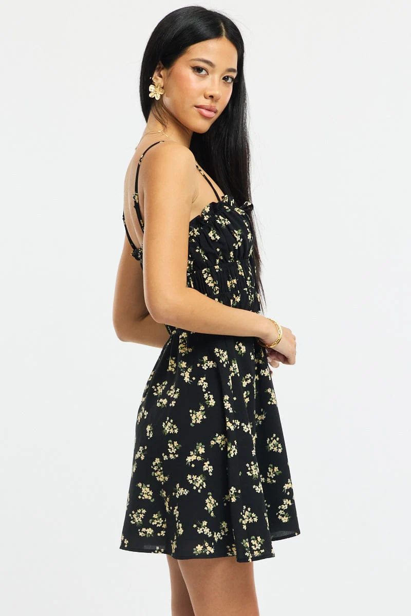 Black Ditsy Fit And Flare Dress Mini - Image 3