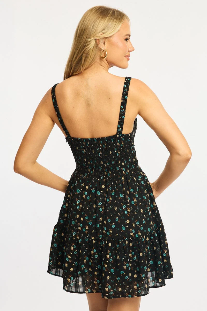 Black Ditsy Fit And Flare Dress Mini - Image 4