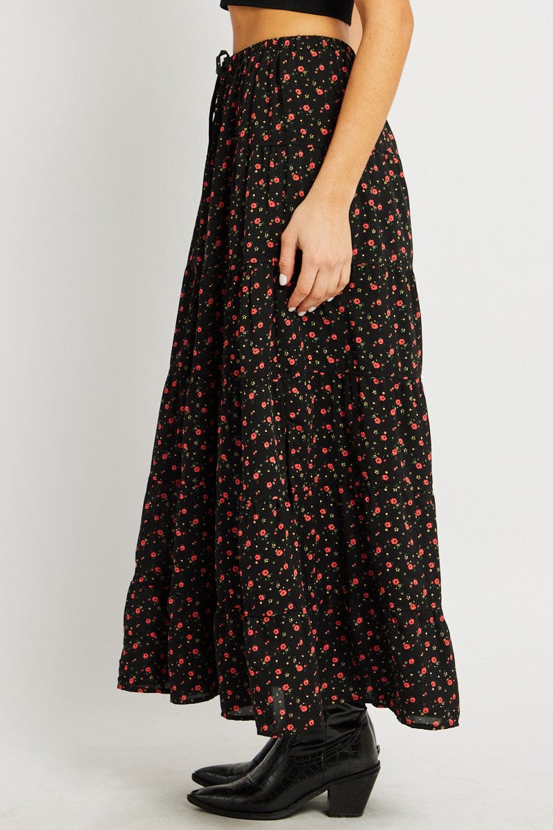 Black Ditsy Maxi Skirt Tiered High Rise - Image 4
