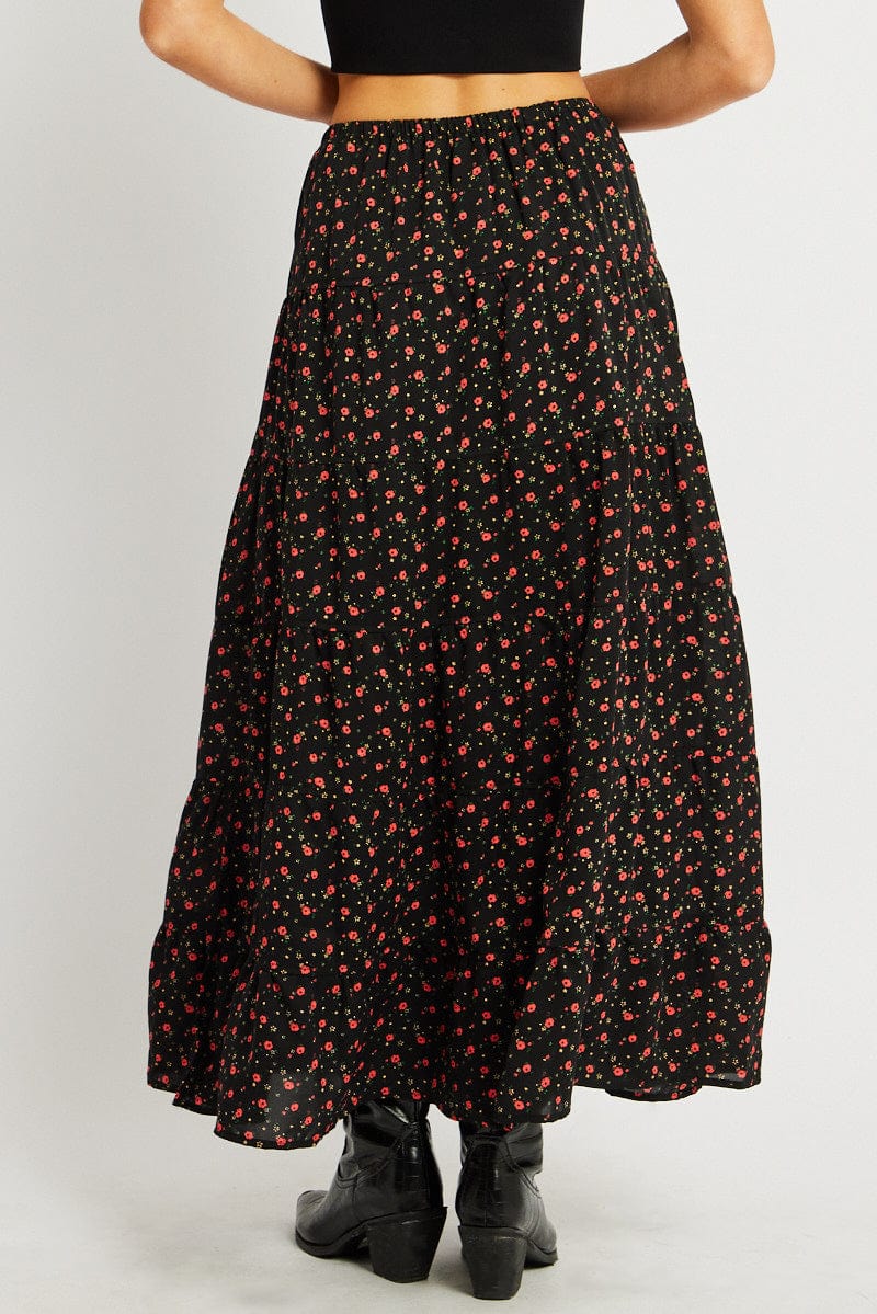 Black Ditsy Maxi Skirt Tiered High Rise - Image 5
