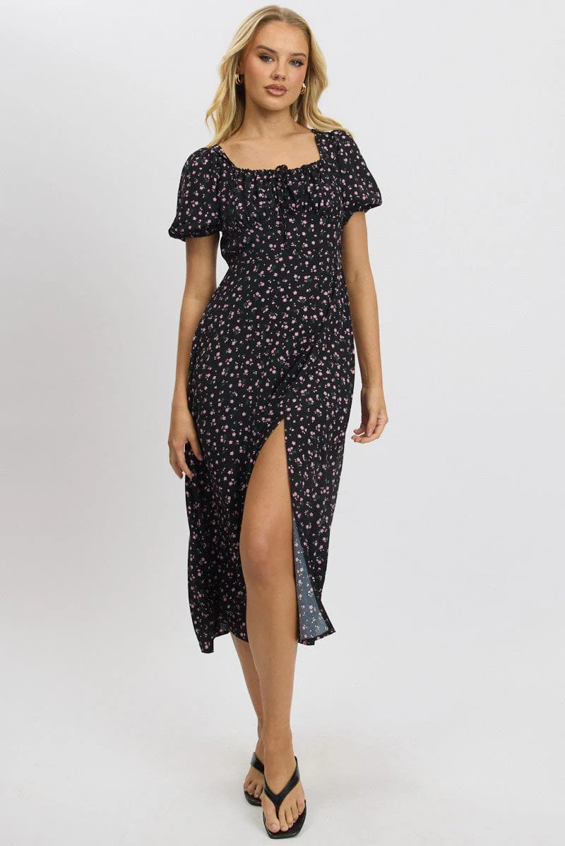 Black Ditsy Midi Dress Short Sleeve Side Split - Image 2