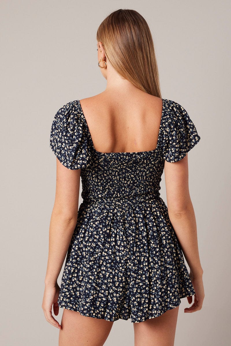 Black Ditsy Shirred Playsuit Short Sleeve Ruched Bust - Image 5