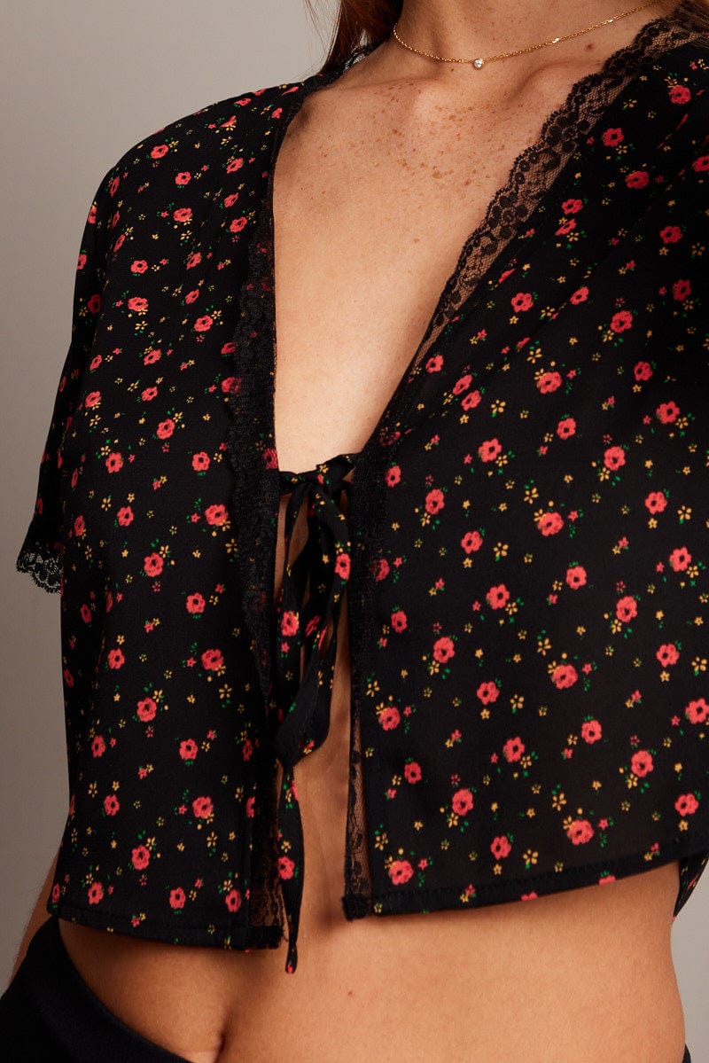 Black Ditsy Tie Cardigan Short Sleeve - Image 6