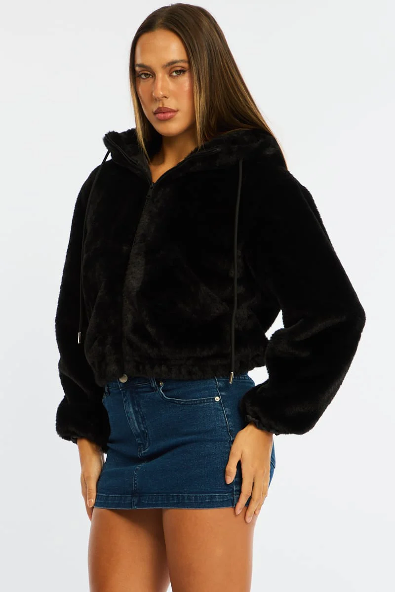 Black Faux Fur Jacket Hoodie - Image 5