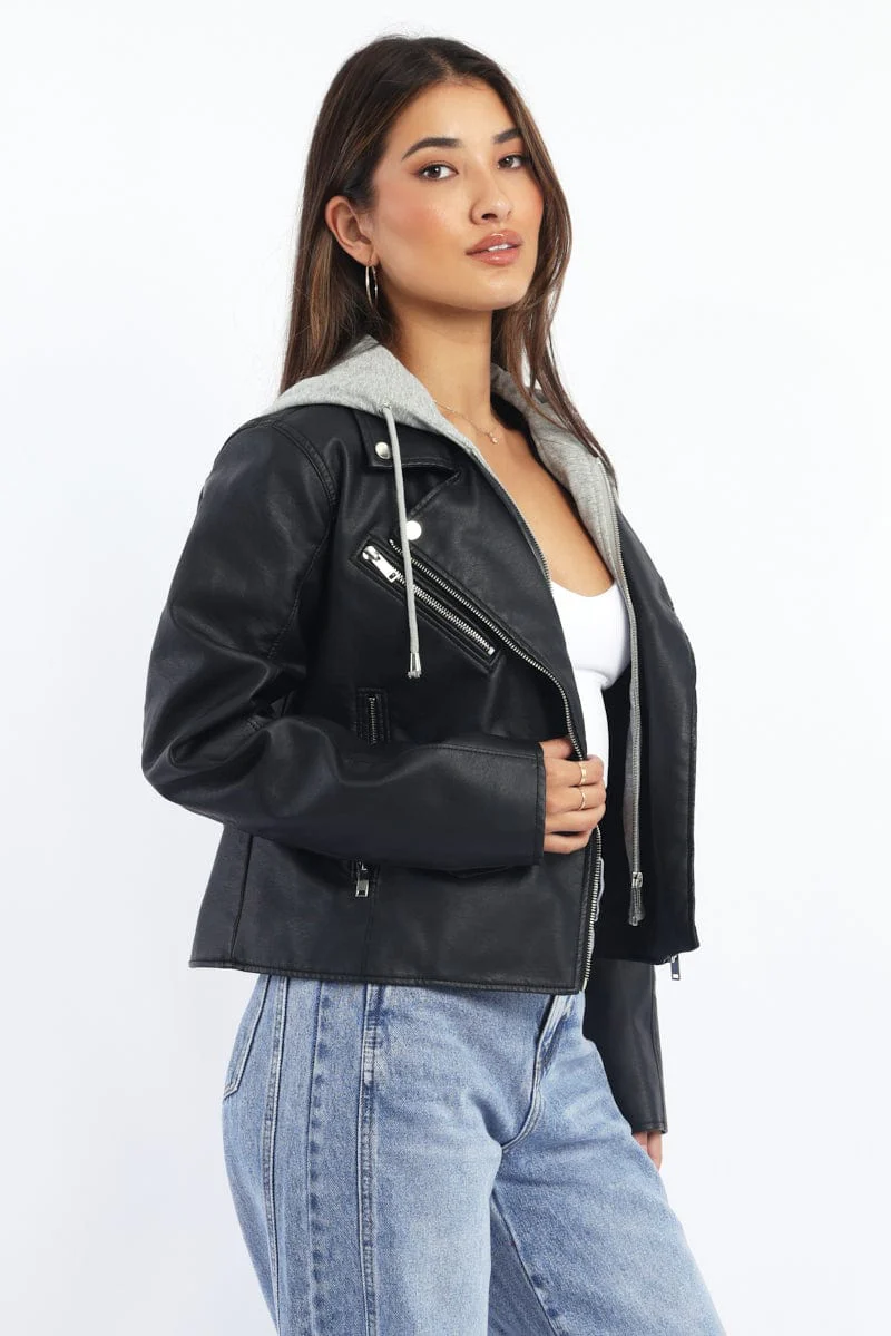 Black Faux leather Biker With Removable Hoodie - Image 3