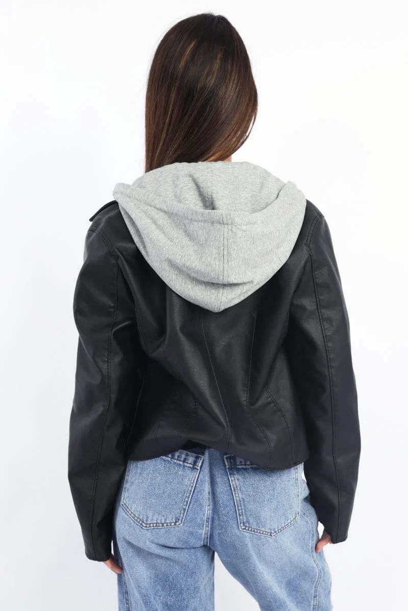 Black Faux leather Biker With Removable Hoodie - Image 4