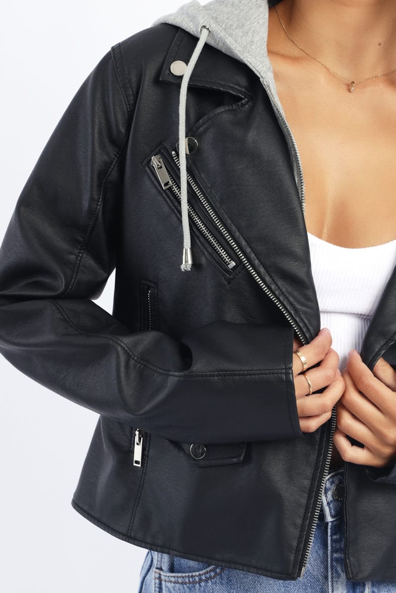 Black Faux leather Biker With Removable Hoodie - Image 5
