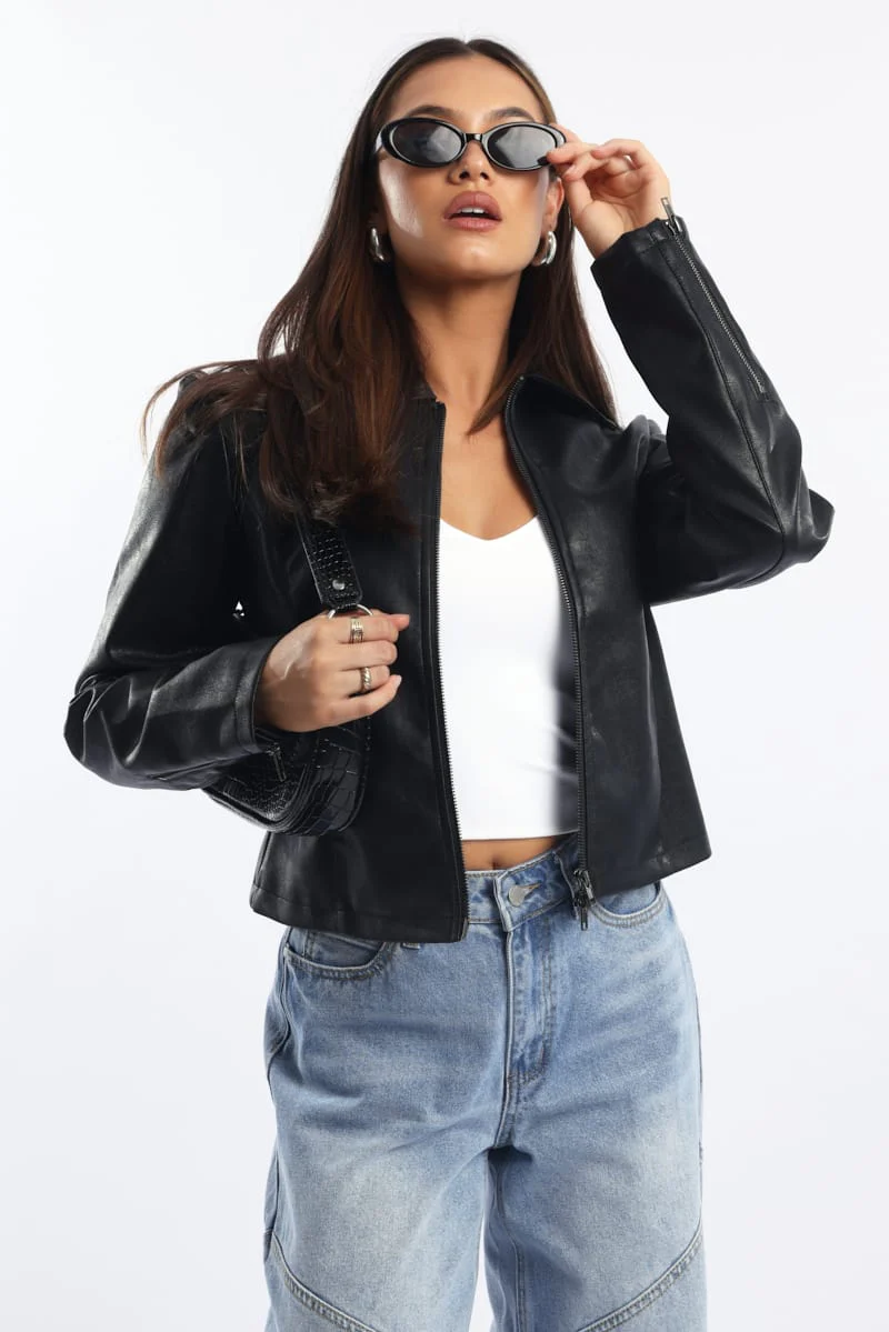 Black Faux Leather Jacket Long Sleeve - Image 3