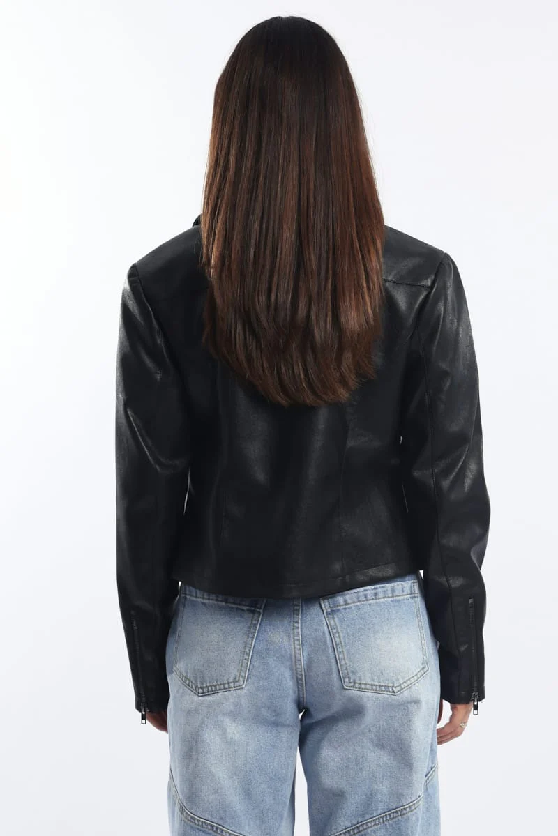 Black Faux Leather Jacket Long Sleeve - Image 5