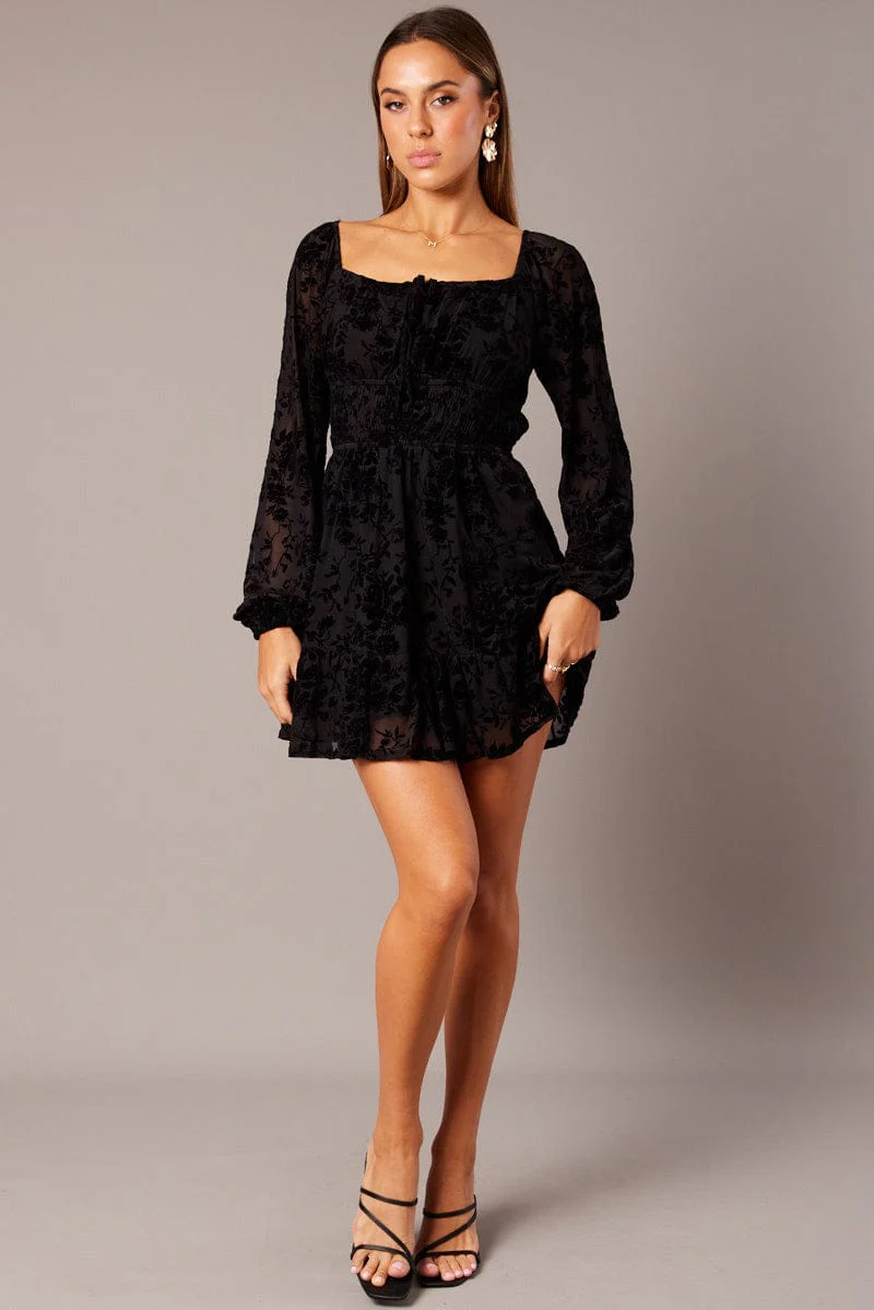 Black Fit and Flare Dress Long Sleeve Burn Out - Image 2