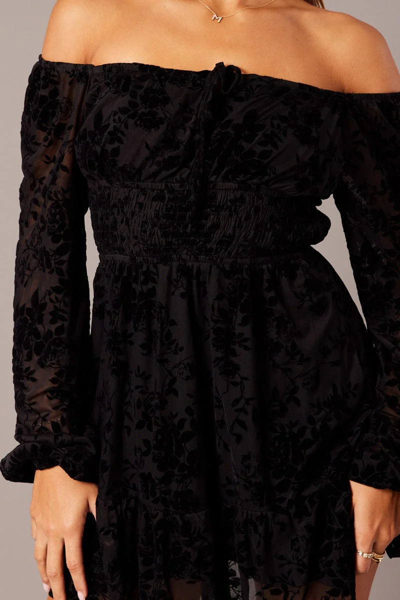 Black Fit and Flare Dress Long Sleeve Burn Out - Image 6